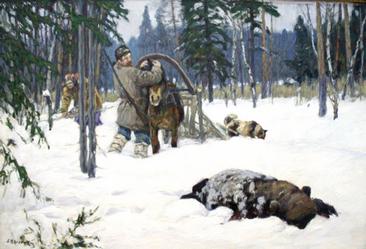 > <p>Сысой Сысоич стал каждое утро ходить проверять берлогу. Медведь лежал крепко. На кустиках перед челом берлоги каждый день был свежий иней: до них достигало теплое дыхание зверя.</p><p> Тридцатого января, проверив медведя, Сысой Сысоич встретил одноколхозников Андрея и Сергея. Молодые охотники шли в лес — белковать. Хотел предупредить их, чтобы не ходили в тот остров, где берлога. Но раздумал: парни молодые, любопытные, еще захотят поглядеть берлогу да подшумят зверя. Промолчал.</p><p> Тридцать первого утром пришел — да так и ахнул: берлога разворочена, зверь ушел! В полуста шагах от берлоги свалена сосна. Видно, Сергей с Андреем застрелили на ней белку, белка застряла в ветвях, — вот и свалили дерево. Медведь проснулся и ушел.</p><p> Лыжни охотников шли от срубленного дерева в одну сторону, следы зверя от берлоги — в другую. Счастье еще, что охотники не заметили медведя за густым ельничком, не погнались за ним.</p><p> Не теряя времени, Сысой Сысоич побежал по медвежьему следу.</p><p> Вечером следующего дня приехали двое знакомых ленинградцев, доктор и полковник, и с ними третий — важный, рослый гражданин с черными и блестящими усами, аккуратно подстриженной бородкой.</p><p> Сысой Сысоичу он с первого взгляда не понравился.</p><p> 